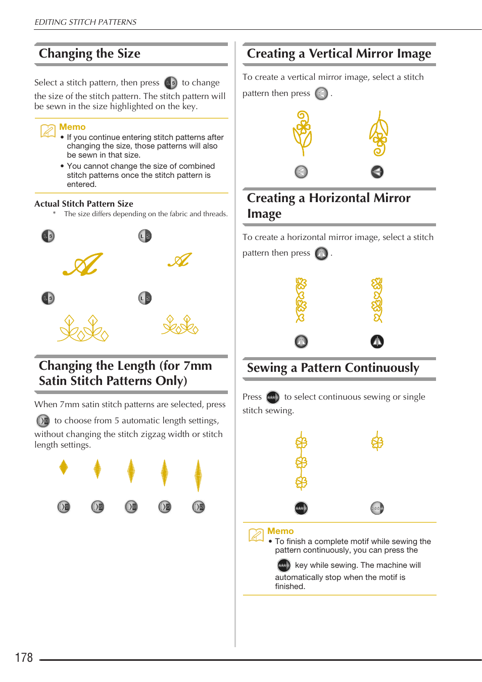 Changing the size, Creating a vertical mirror image, Creating a horizontal mirror image | Sewing a pattern continuously | Baby Lock Destiny (BLDY) Instruction & Reference Guide-Part1 User Manual | Page 180 / 196