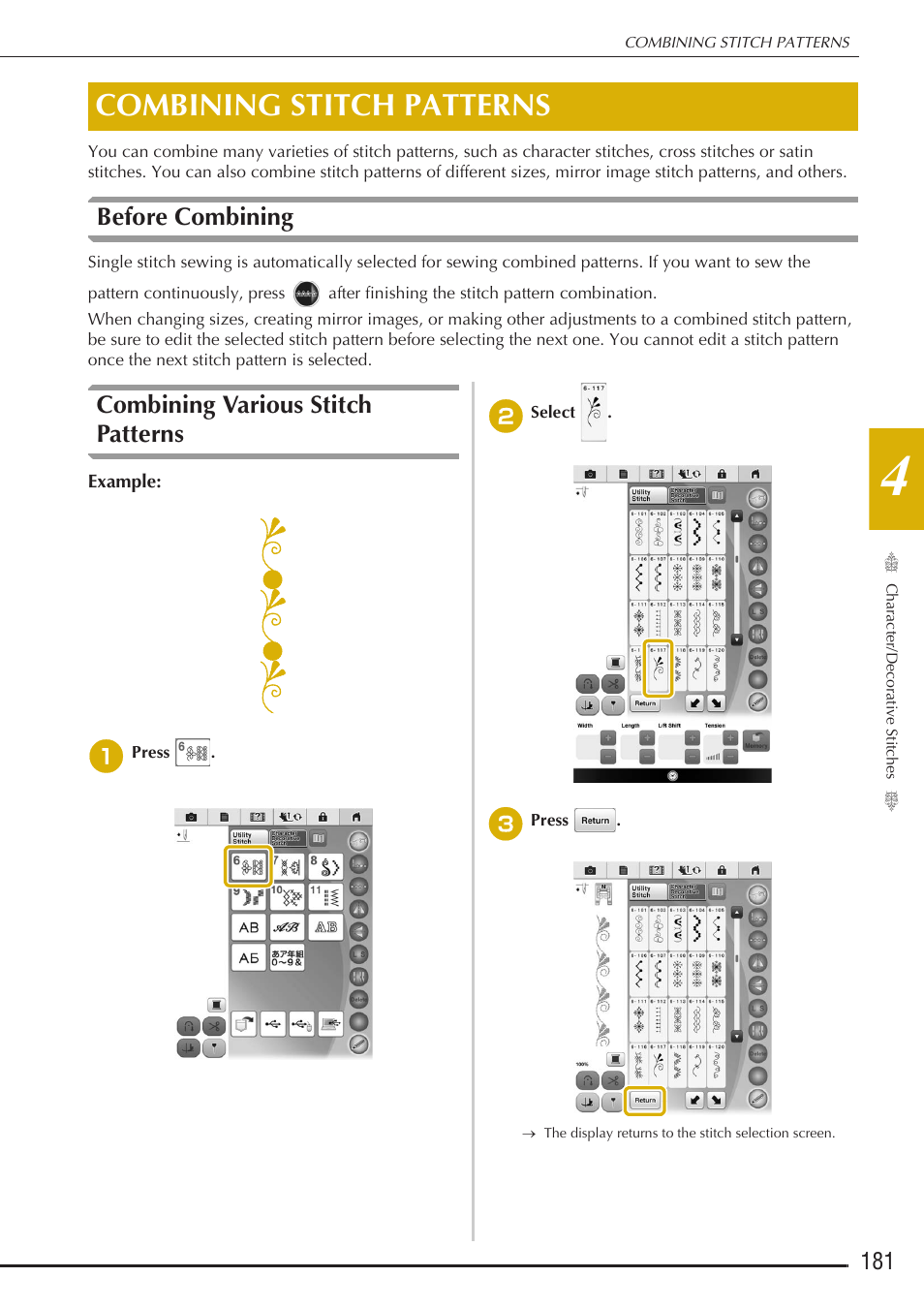 Combining stitch patterns, Before combining, Combining various stitch patterns | Baby Lock Destiny (BLDY) Instruction & Reference Guide-Part1 User Manual | Page 183 / 196