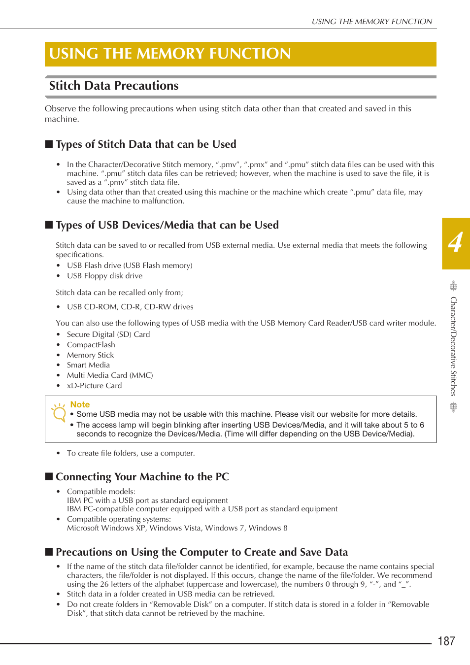 Stitch data precautions, Types of stitch data that can be used, Types of usb devices/media that can be used | Connecting your machine to the pc | Baby Lock Destiny (BLDY) Instruction & Reference Guide-Part1 User Manual | Page 189 / 196
