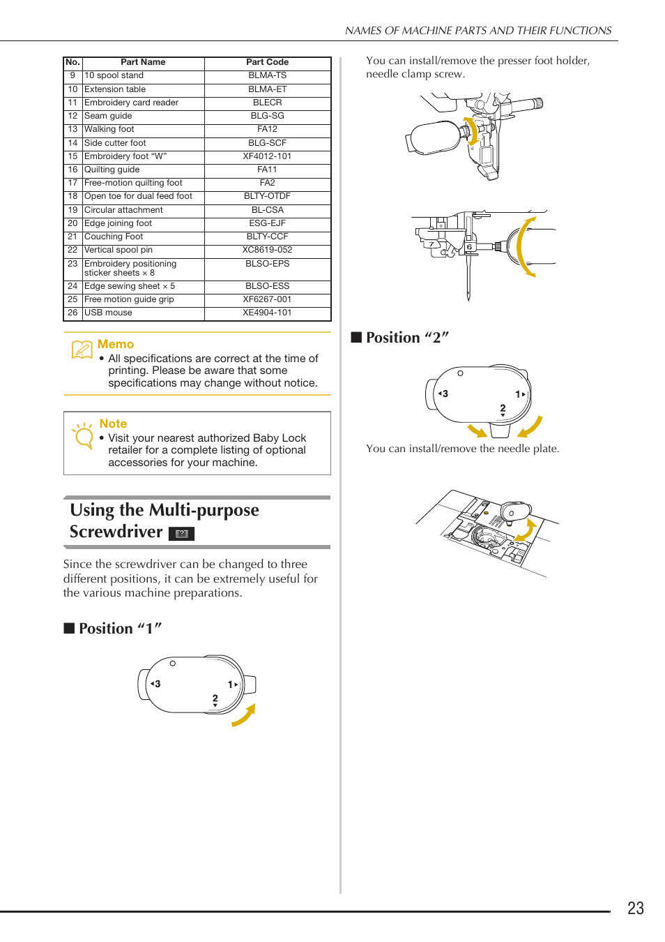 Using the multi-purpose screwdriver, Position “1, Position “2 | Baby Lock Destiny (BLDY) Instruction & Reference Guide-Part1 User Manual | Page 25 / 196