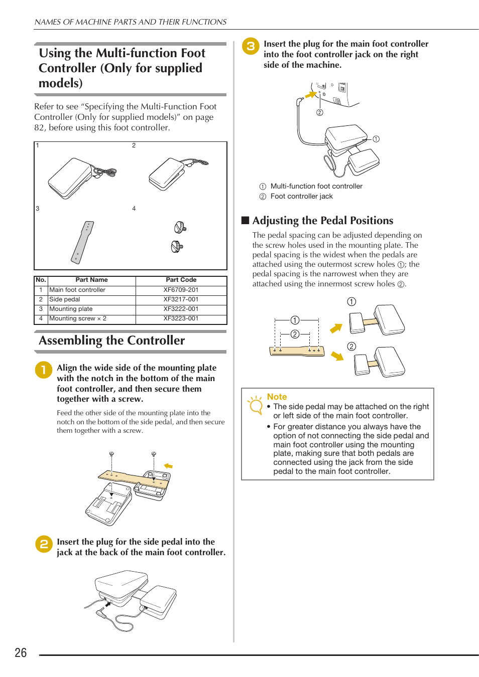 Assembling the controller, Adjusting the pedal positions | Baby Lock Destiny (BLDY) Instruction & Reference Guide-Part1 User Manual | Page 28 / 196