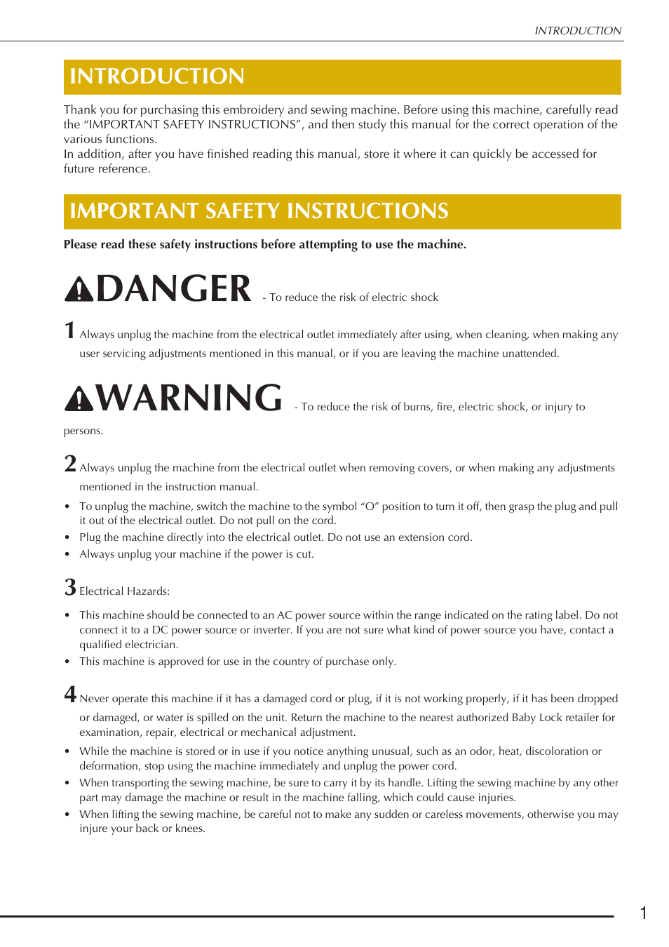 Danger, Warning, Introduction important safety instructions | Baby Lock Destiny (BLDY) Instruction & Reference Guide-Part1 User Manual | Page 3 / 196