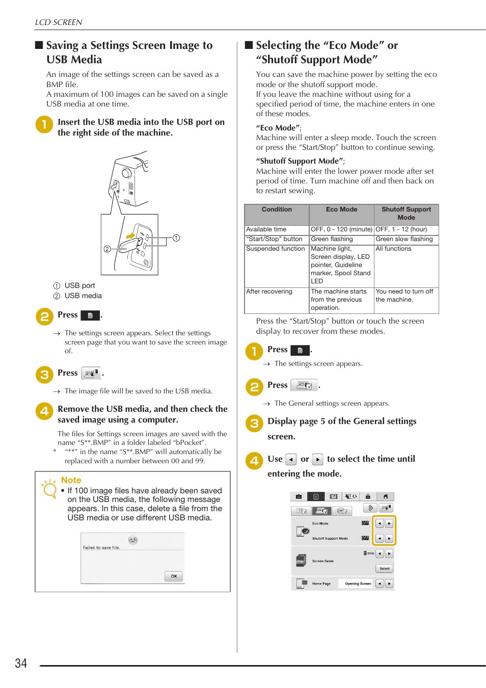 Saving a settings screen image to usb media, Selecting the “eco mode” or “shutoff support mode | Baby Lock Destiny (BLDY) Instruction & Reference Guide-Part1 User Manual | Page 36 / 196