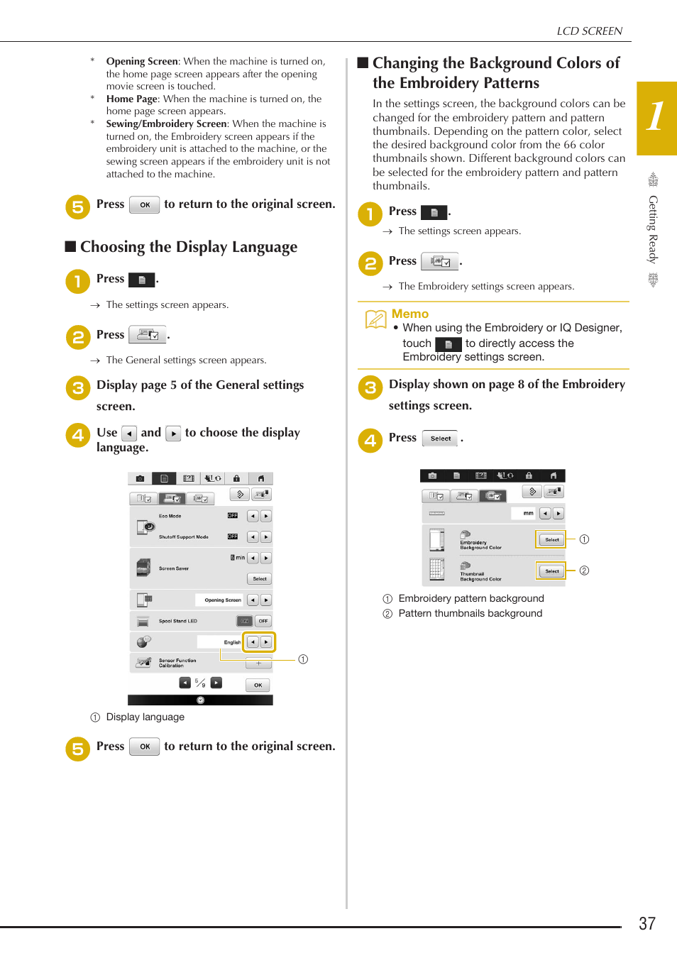 Choosing the display language | Baby Lock Destiny (BLDY) Instruction & Reference Guide-Part1 User Manual | Page 39 / 196