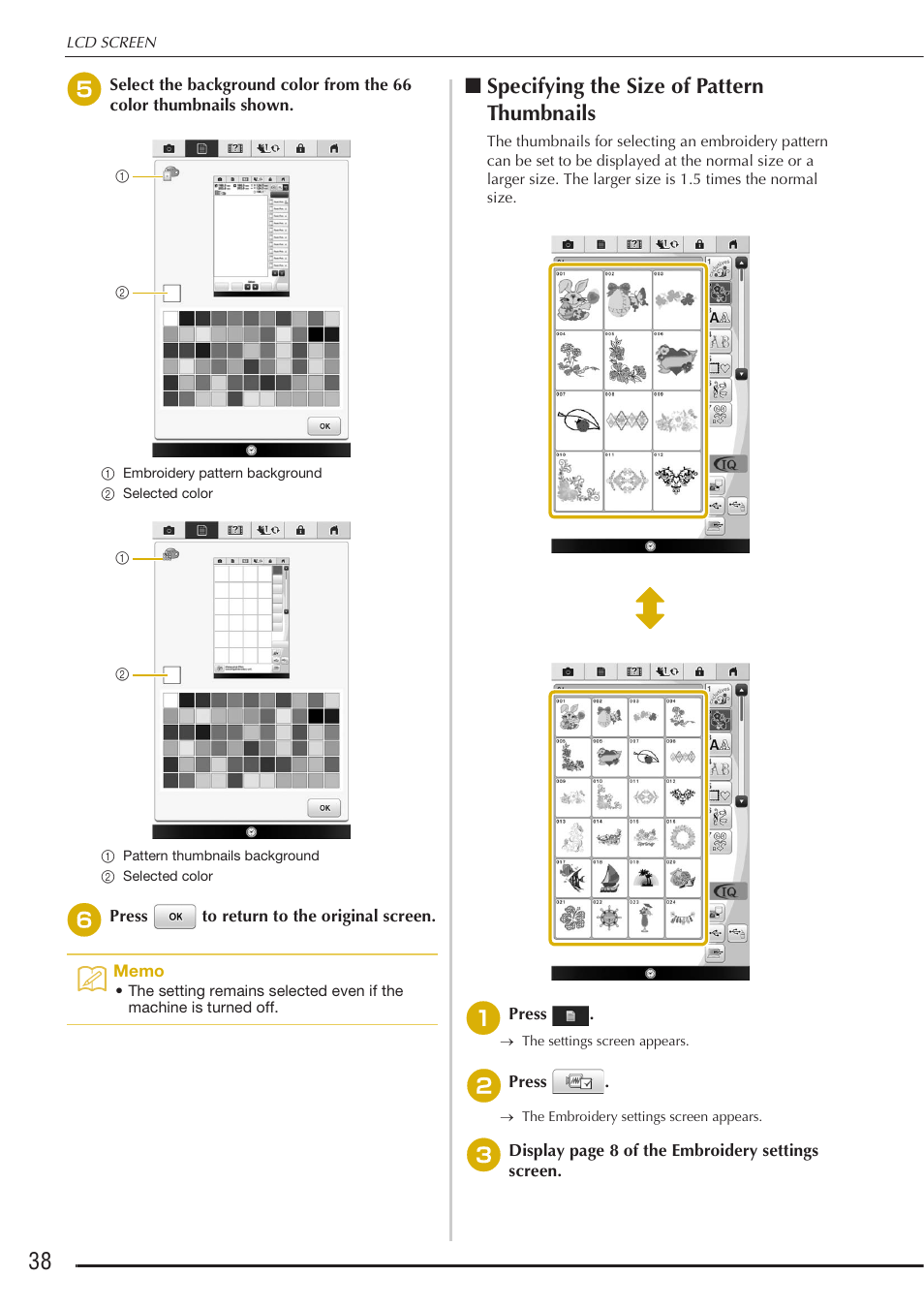 Specifying the size of pattern thumbnails | Baby Lock Destiny (BLDY) Instruction & Reference Guide-Part1 User Manual | Page 40 / 196