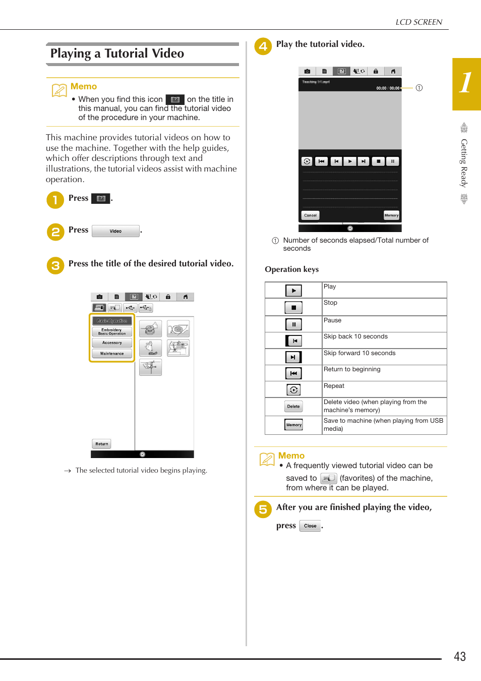 Playing a tutorial video | Baby Lock Destiny (BLDY) Instruction & Reference Guide-Part1 User Manual | Page 45 / 196