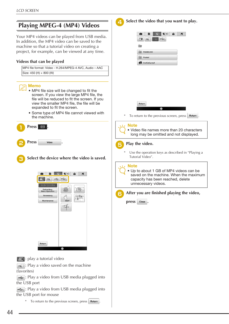 Playing mpeg-4 (mp4) videos | Baby Lock Destiny (BLDY) Instruction & Reference Guide-Part1 User Manual | Page 46 / 196