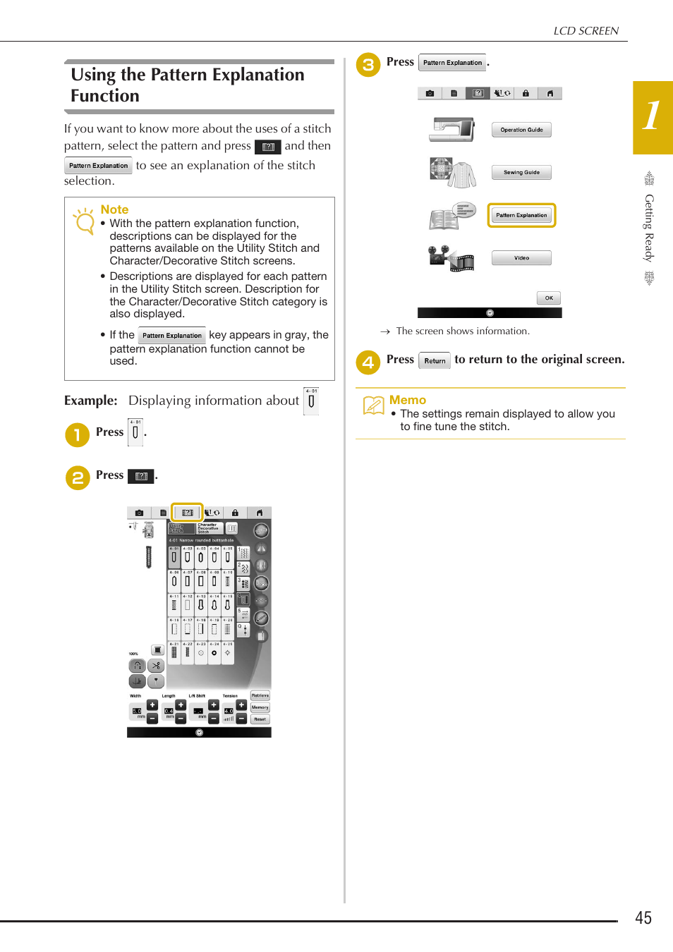 Using the pattern explanation function | Baby Lock Destiny (BLDY) Instruction & Reference Guide-Part1 User Manual | Page 47 / 196