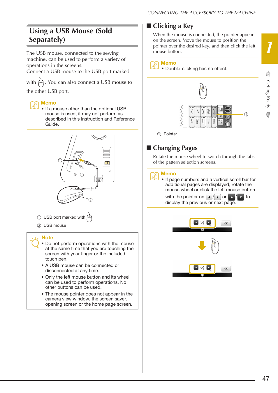 Using a usb mouse (sold separately), Clicking a key, Changing pages | Baby Lock Destiny (BLDY) Instruction & Reference Guide-Part1 User Manual | Page 49 / 196