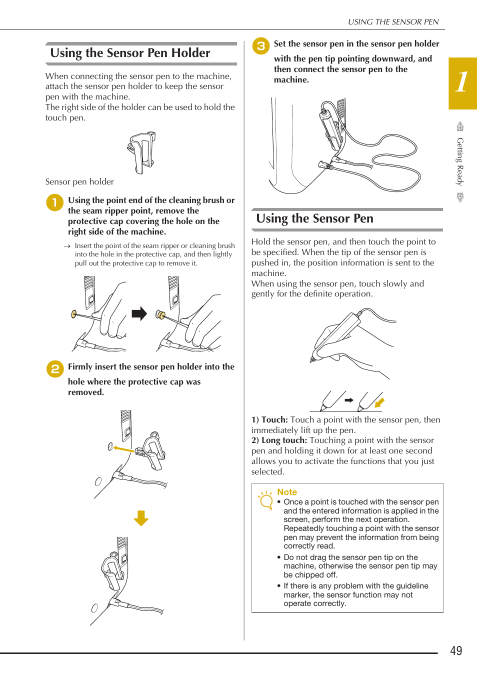 Using the sensor pen holder, Using the sensor pen | Baby Lock Destiny (BLDY) Instruction & Reference Guide-Part1 User Manual | Page 51 / 196