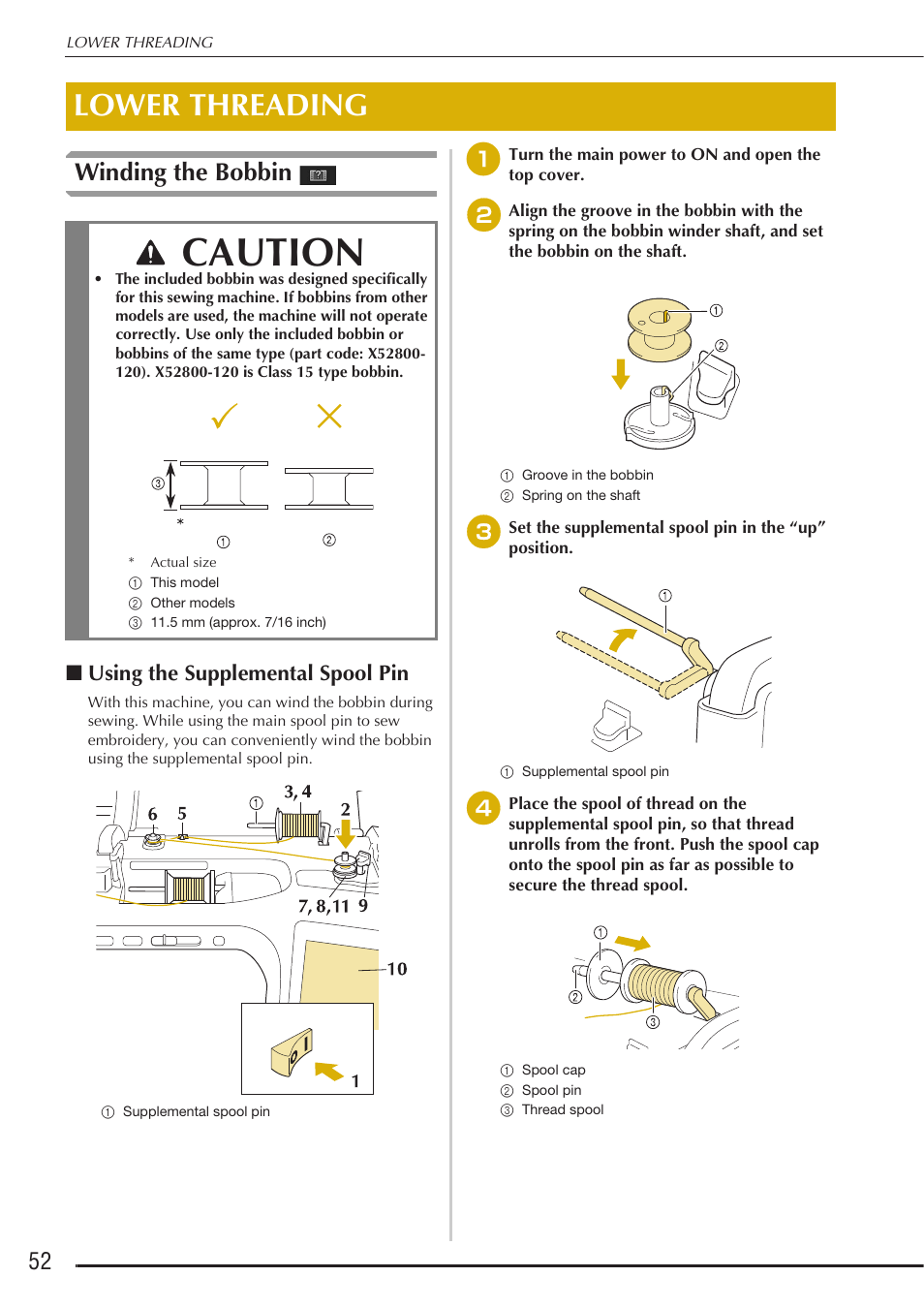 Caution, Lower threading, Winding the bobbin | Using the supplemental spool pin | Baby Lock Destiny (BLDY) Instruction & Reference Guide-Part1 User Manual | Page 54 / 196