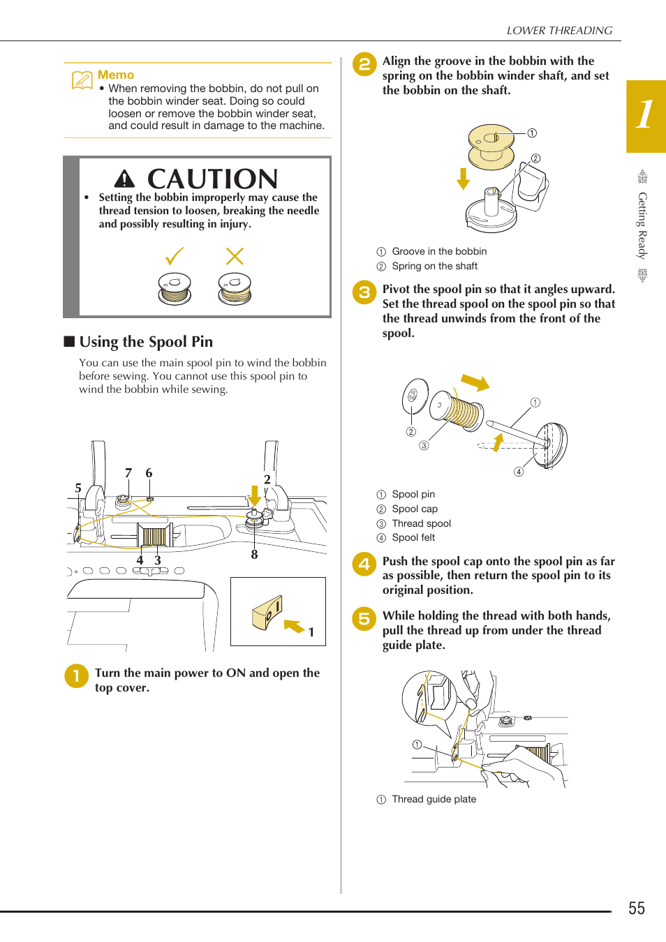 Caution, Using the spool pin | Baby Lock Destiny (BLDY) Instruction & Reference Guide-Part1 User Manual | Page 57 / 196