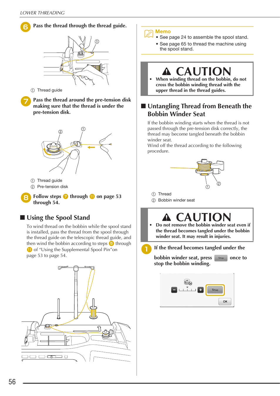 Caution, Using the spool stand | Baby Lock Destiny (BLDY) Instruction & Reference Guide-Part1 User Manual | Page 58 / 196