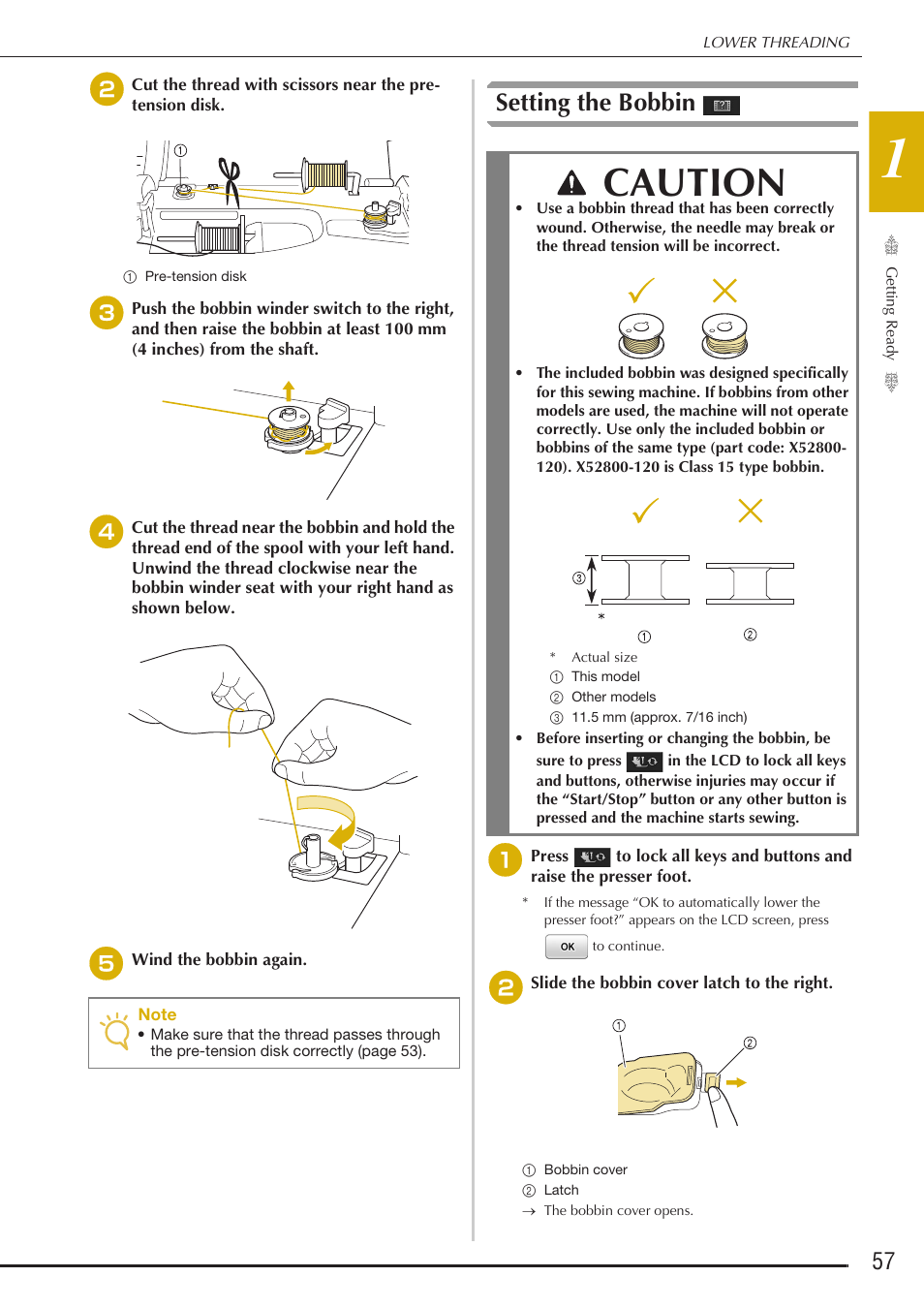 Caution, Setting the bobbin | Baby Lock Destiny (BLDY) Instruction & Reference Guide-Part1 User Manual | Page 59 / 196