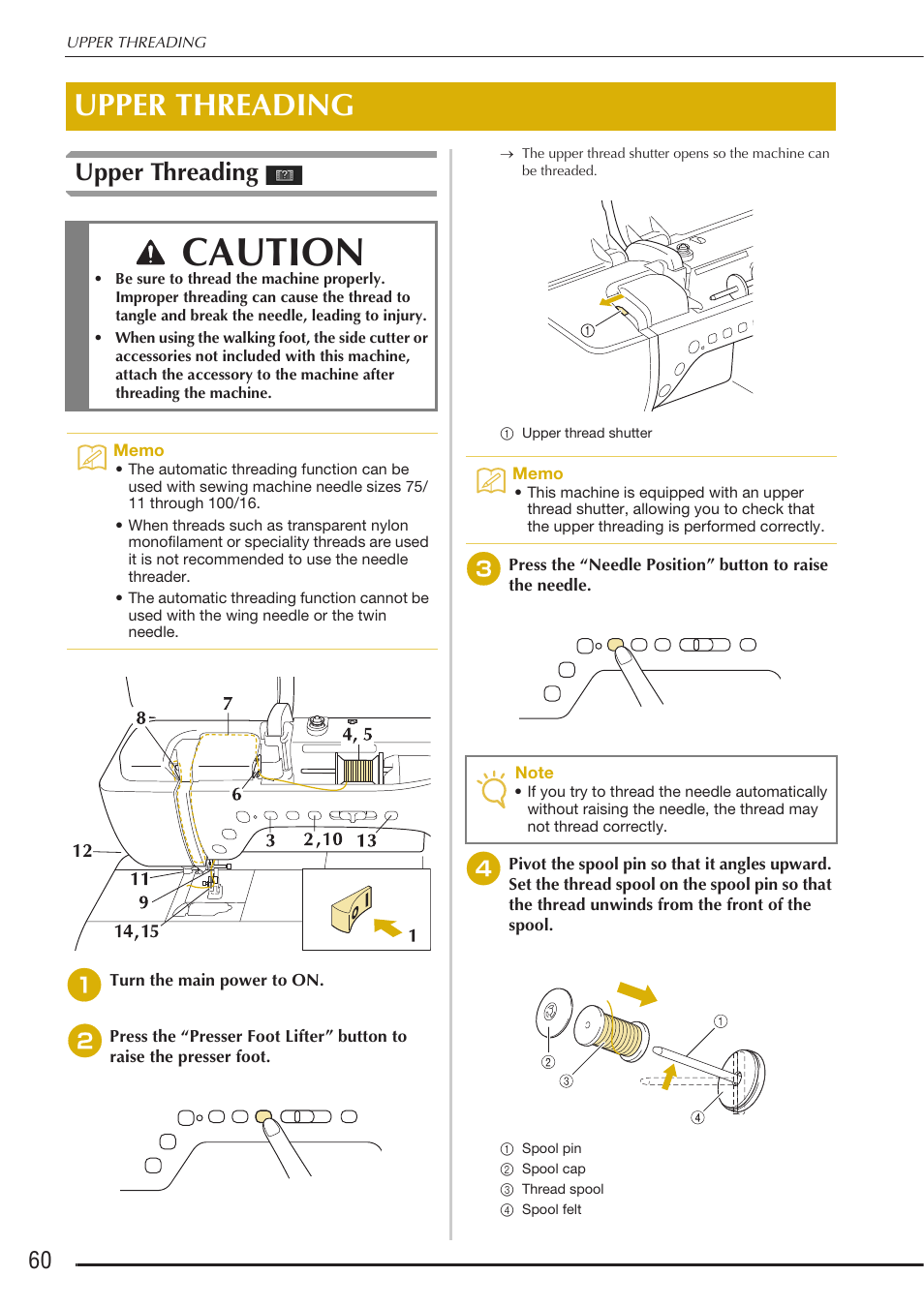 Caution, Upper threading | Baby Lock Destiny (BLDY) Instruction & Reference Guide-Part1 User Manual | Page 62 / 196