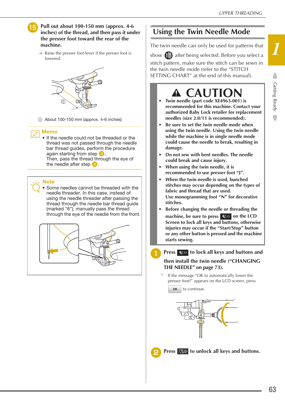 Caution, Using the twin needle mode | Baby Lock Destiny (BLDY) Instruction & Reference Guide-Part1 User Manual | Page 65 / 196