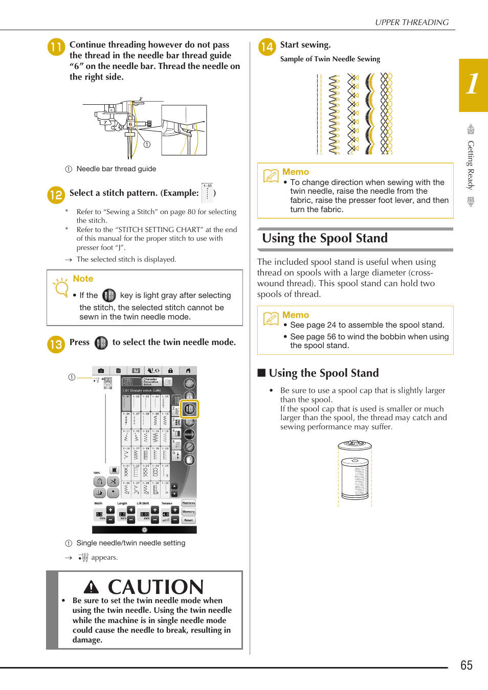 Caution, Using the spool stand | Baby Lock Destiny (BLDY) Instruction & Reference Guide-Part1 User Manual | Page 67 / 196