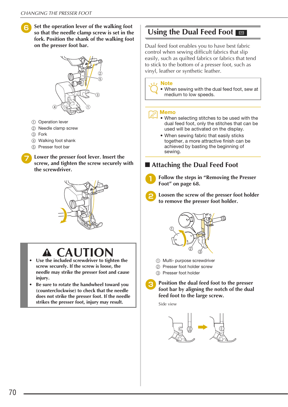 Caution, Using the dual feed foot, Attaching the dual feed foot | Baby Lock Destiny (BLDY) Instruction & Reference Guide-Part1 User Manual | Page 72 / 196