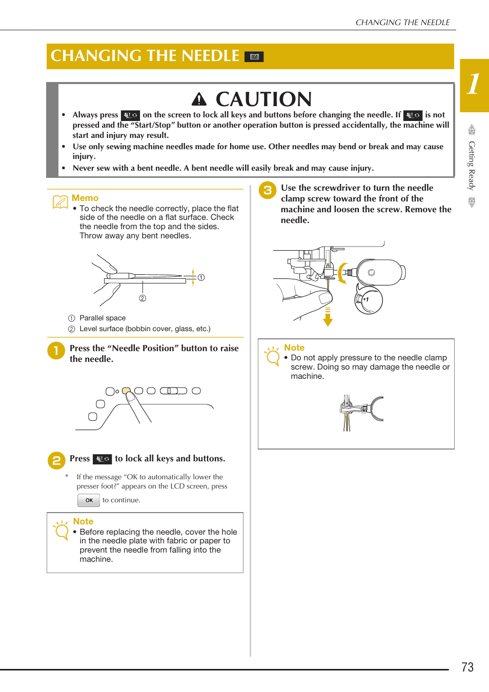 Caution, Changing the needle | Baby Lock Destiny (BLDY) Instruction & Reference Guide-Part1 User Manual | Page 75 / 196