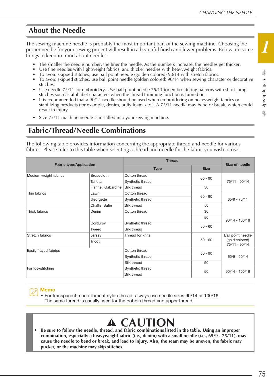 Caution, About the needle, Fabric/thread/needle combinations | Baby Lock Destiny (BLDY) Instruction & Reference Guide-Part1 User Manual | Page 77 / 196