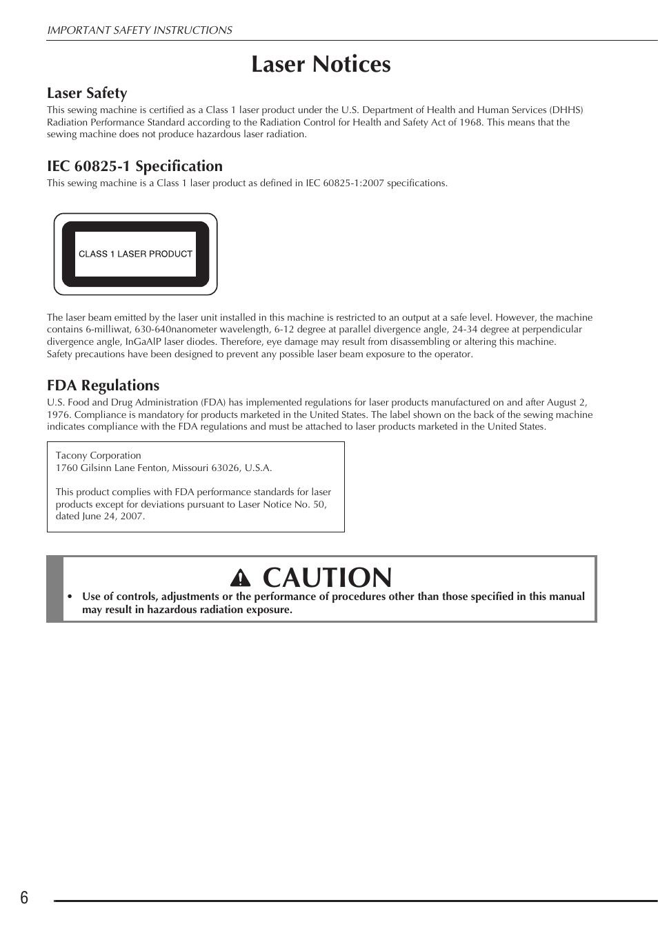 Caution, Laser notices | Baby Lock Destiny (BLDY) Instruction & Reference Guide-Part1 User Manual | Page 8 / 196