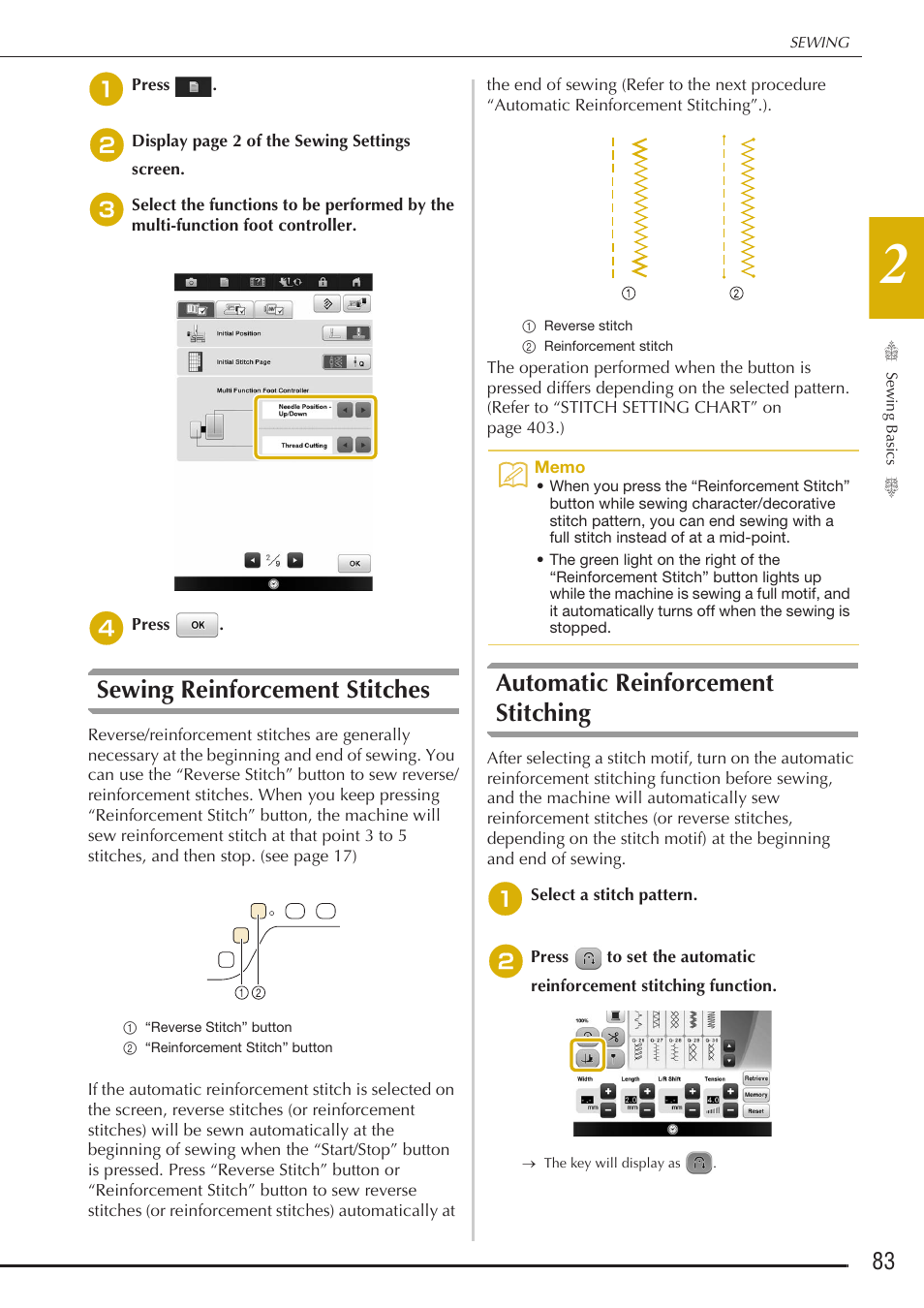 Sewing reinforcement stitches, Automatic reinforcement stitching | Baby Lock Destiny (BLDY) Instruction & Reference Guide-Part1 User Manual | Page 85 / 196