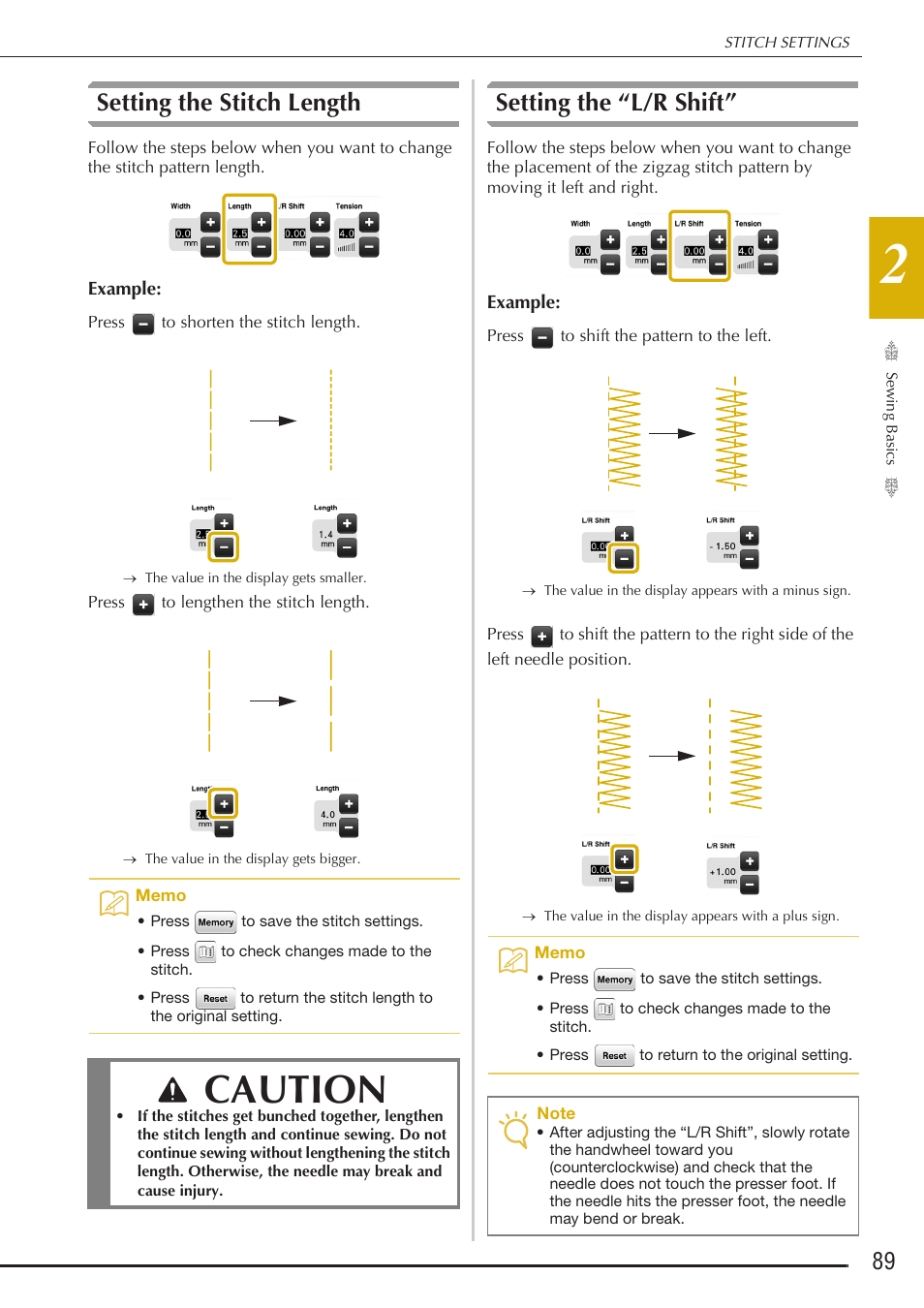 Caution, Setting the stitch length, Setting the “l/r shift | Baby Lock Destiny (BLDY) Instruction & Reference Guide-Part1 User Manual | Page 91 / 196