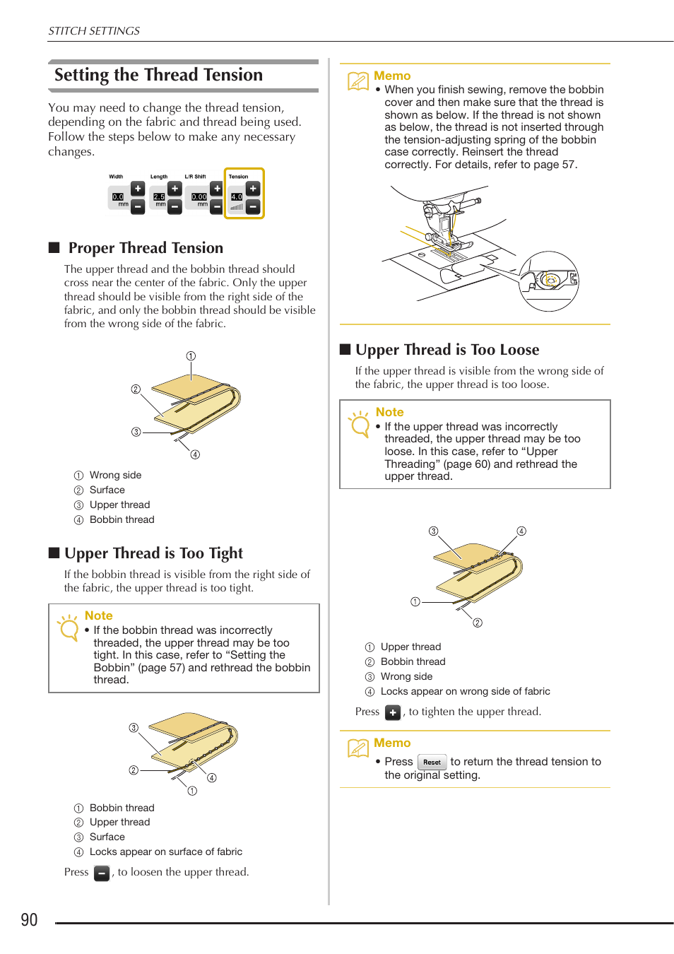 Setting the thread tension, Proper thread tension, Upper thread is too tight | Upper thread is too loose | Baby Lock Destiny (BLDY) Instruction & Reference Guide-Part1 User Manual | Page 92 / 196