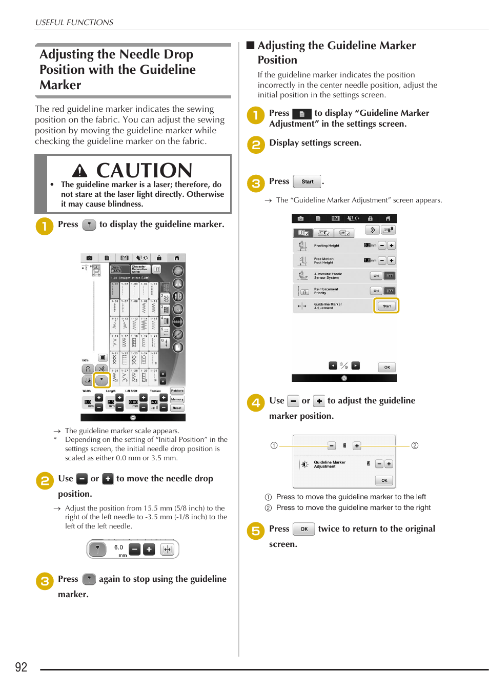 Caution, Adjusting the guideline marker position | Baby Lock Destiny (BLDY) Instruction & Reference Guide-Part1 User Manual | Page 94 / 196