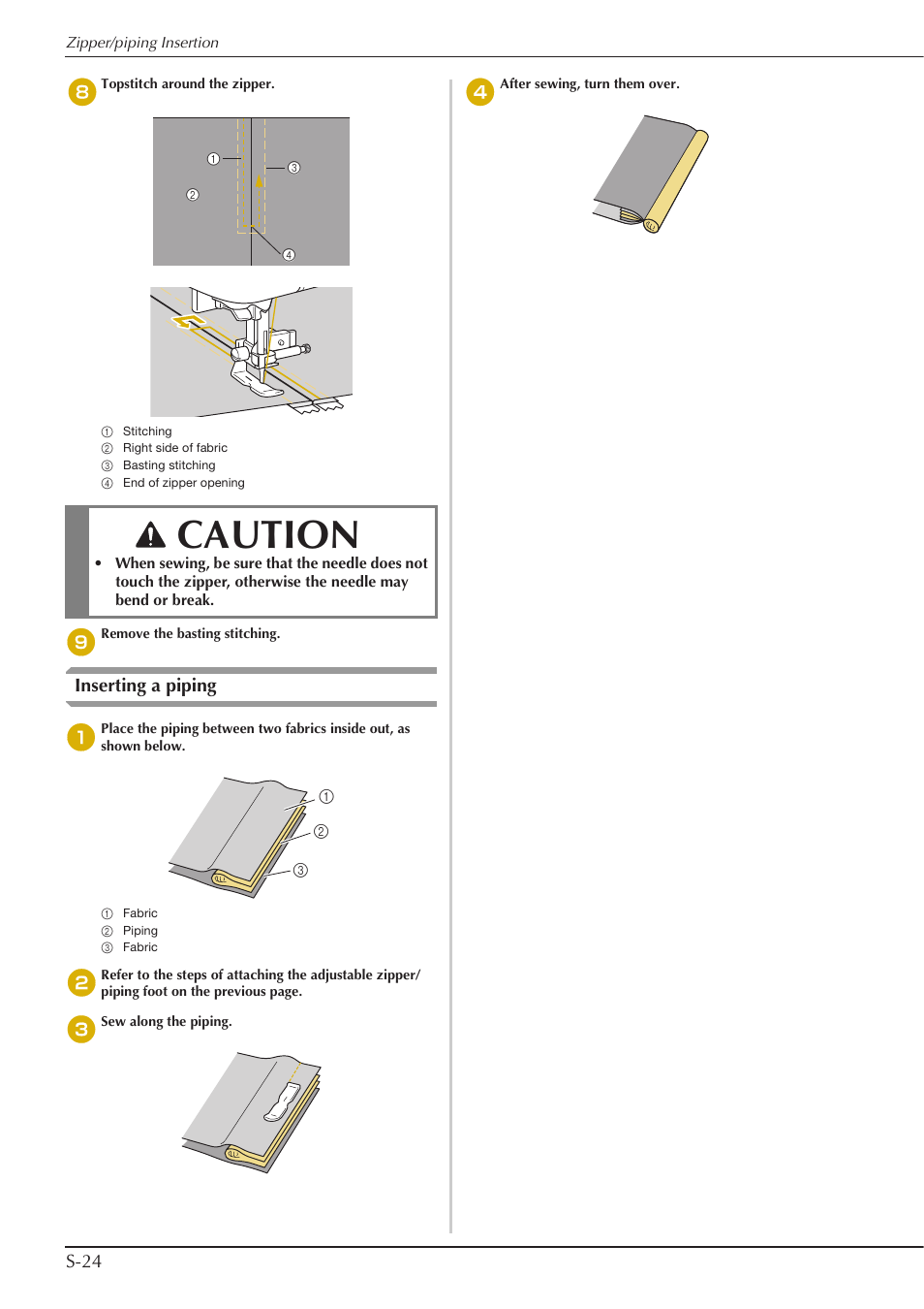 Caution, S-24, Inserting a piping | Baby Lock Aventura (BLMAV) Instruction and Reference Guide User Manual | Page 100 / 204