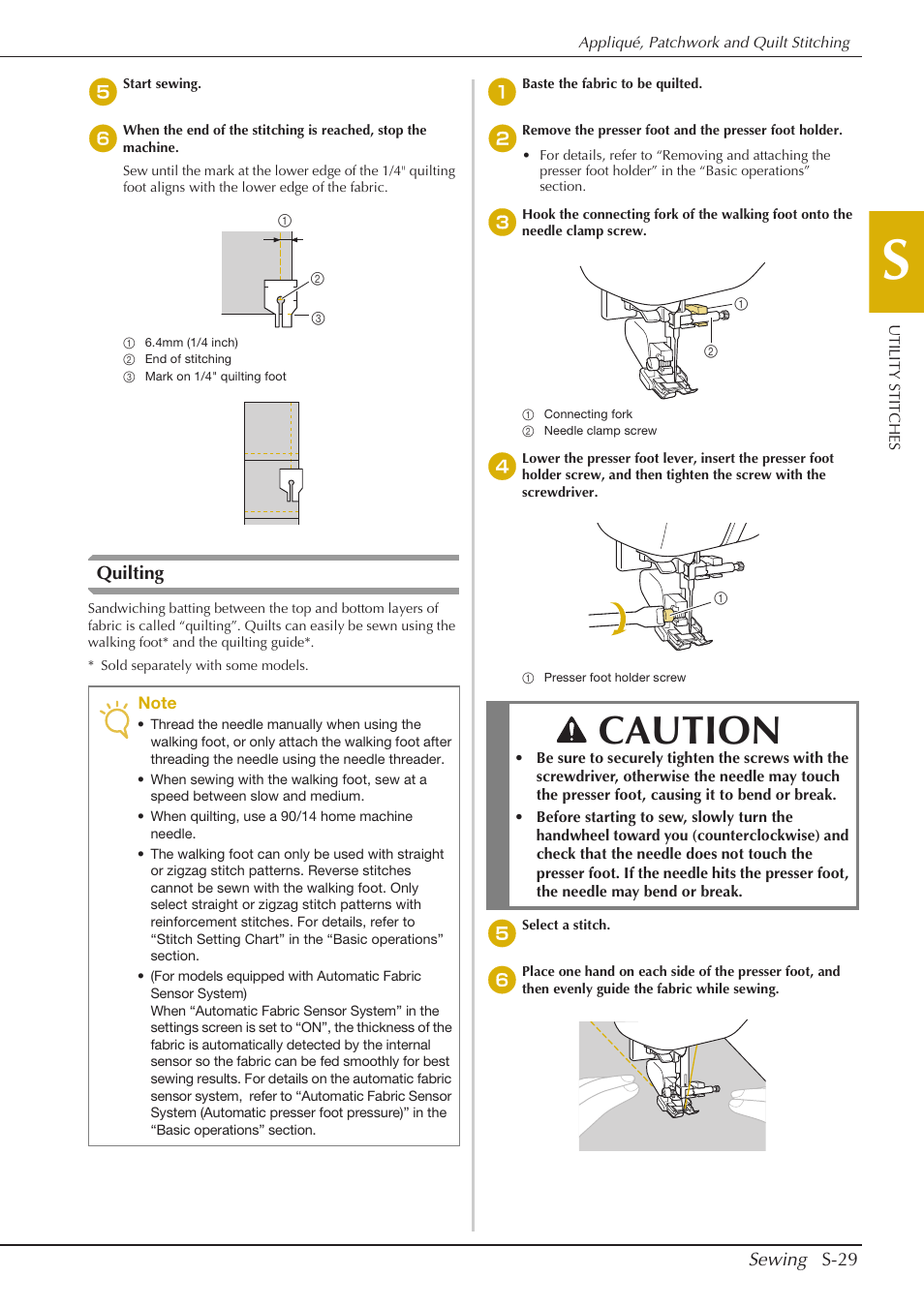 Caution, Sewing s-29, Quilting | Baby Lock Aventura (BLMAV) Instruction and Reference Guide User Manual | Page 105 / 204