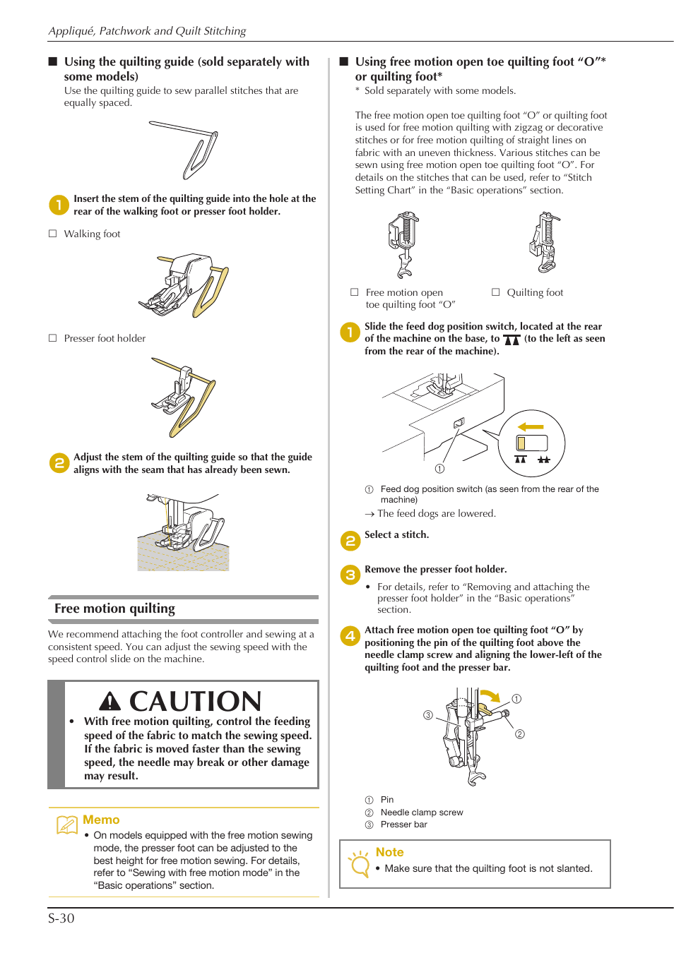 Caution, S-30, Free motion quilting | Baby Lock Aventura (BLMAV) Instruction and Reference Guide User Manual | Page 106 / 204