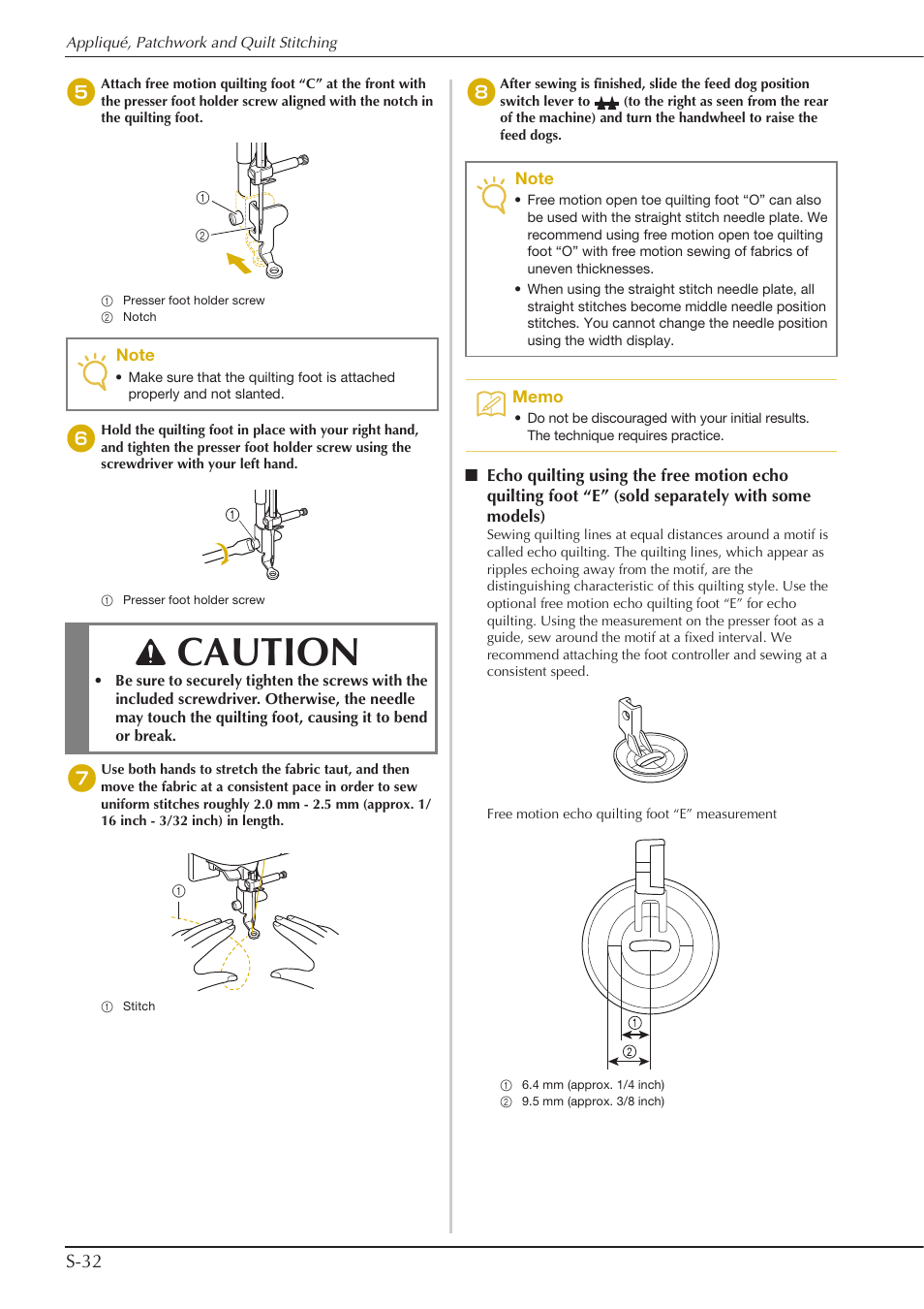 Caution, S-32 | Baby Lock Aventura (BLMAV) Instruction and Reference Guide User Manual | Page 108 / 204