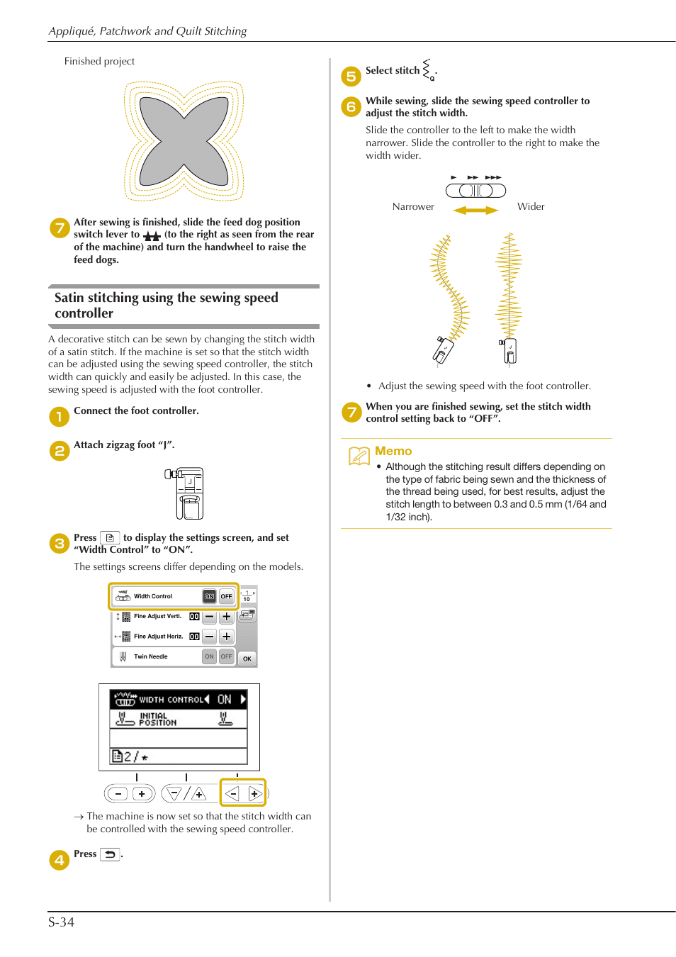 S-34, Satin stitching using the sewing speed controller | Baby Lock Aventura (BLMAV) Instruction and Reference Guide User Manual | Page 110 / 204