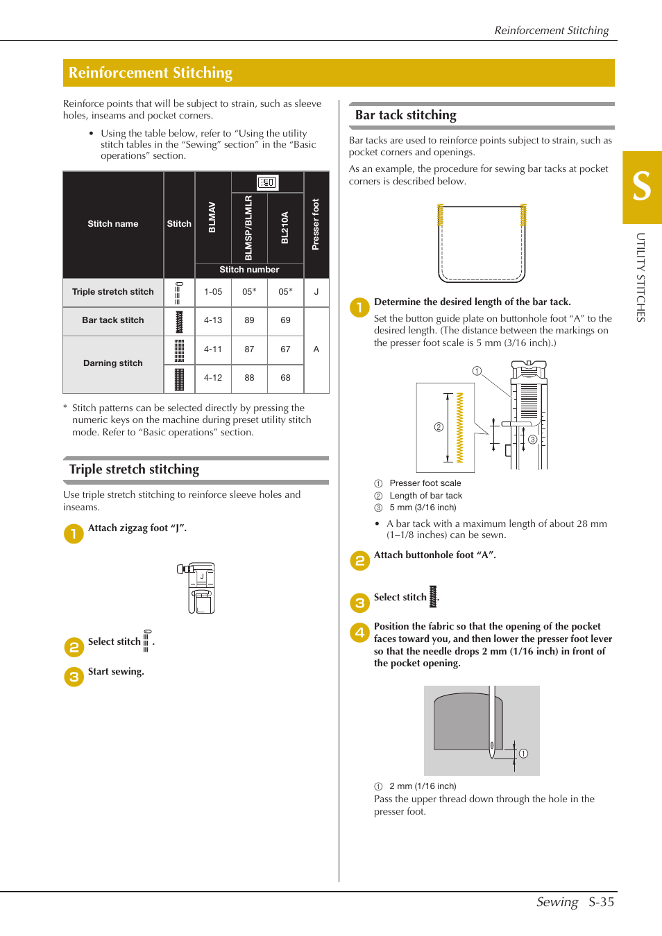 Reinforcement stitching, Sewing s-35, Triple stretch stitching | Bar tack stitching | Baby Lock Aventura (BLMAV) Instruction and Reference Guide User Manual | Page 111 / 204