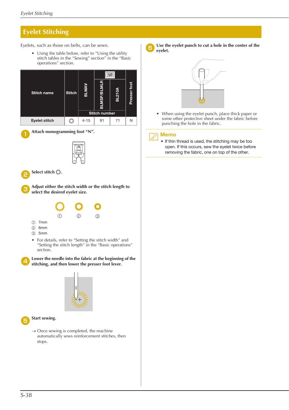 Eyelet stitching, S-38 | Baby Lock Aventura (BLMAV) Instruction and Reference Guide User Manual | Page 114 / 204