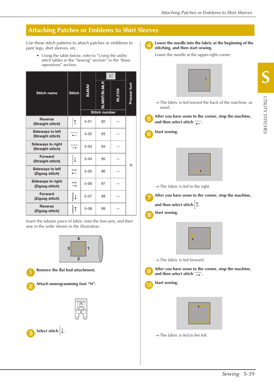 Attaching patches or emblems to shirt sleeves, Sewing s-39 | Baby Lock Aventura (BLMAV) Instruction and Reference Guide User Manual | Page 115 / 204