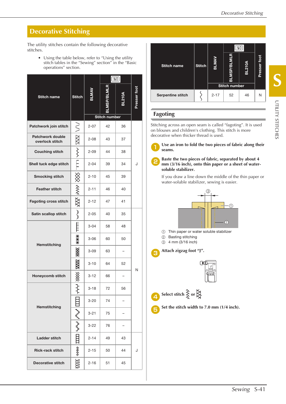 Decorative stitching, Sewing s-41, Fagoting | Baby Lock Aventura (BLMAV) Instruction and Reference Guide User Manual | Page 117 / 204