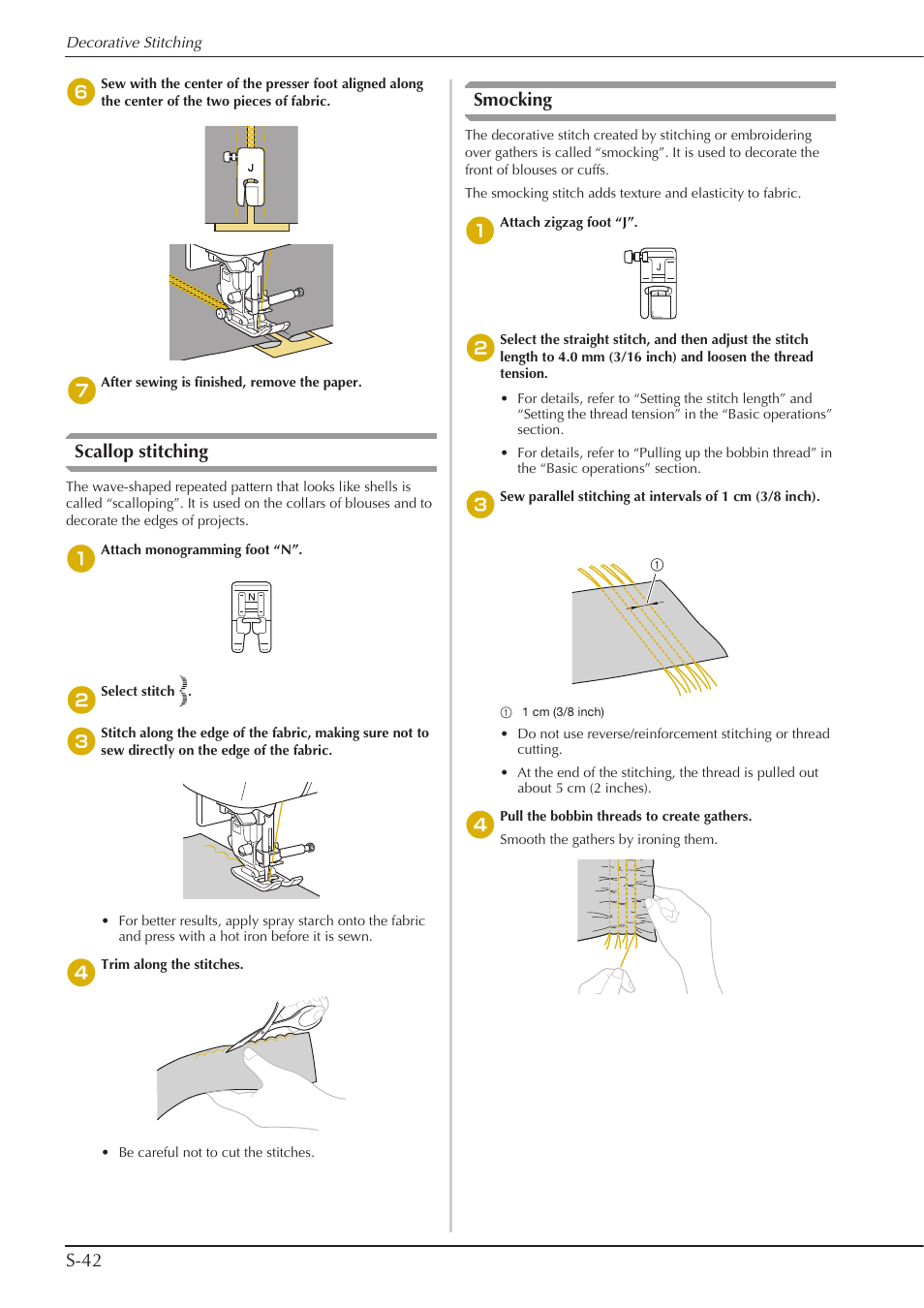 S-42, Scallop stitching, Smocking | Baby Lock Aventura (BLMAV) Instruction and Reference Guide User Manual | Page 118 / 204