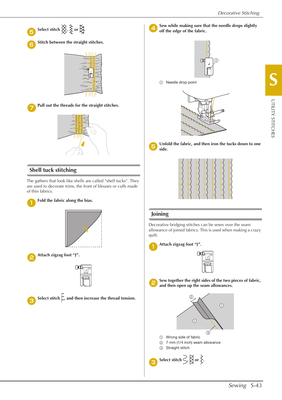 Sewing s-43, Shell tuck stitching, Joining | Baby Lock Aventura (BLMAV) Instruction and Reference Guide User Manual | Page 119 / 204