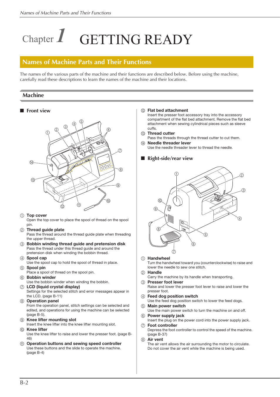 Getting ready, Chapter, Names of machine parts and their functions | Machine | Baby Lock Aventura (BLMAV) Instruction and Reference Guide User Manual | Page 12 / 204