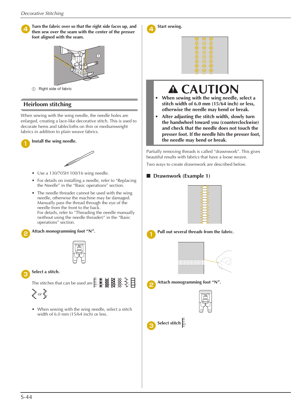 Caution, S-44, Heirloom stitching | Baby Lock Aventura (BLMAV) Instruction and Reference Guide User Manual | Page 120 / 204