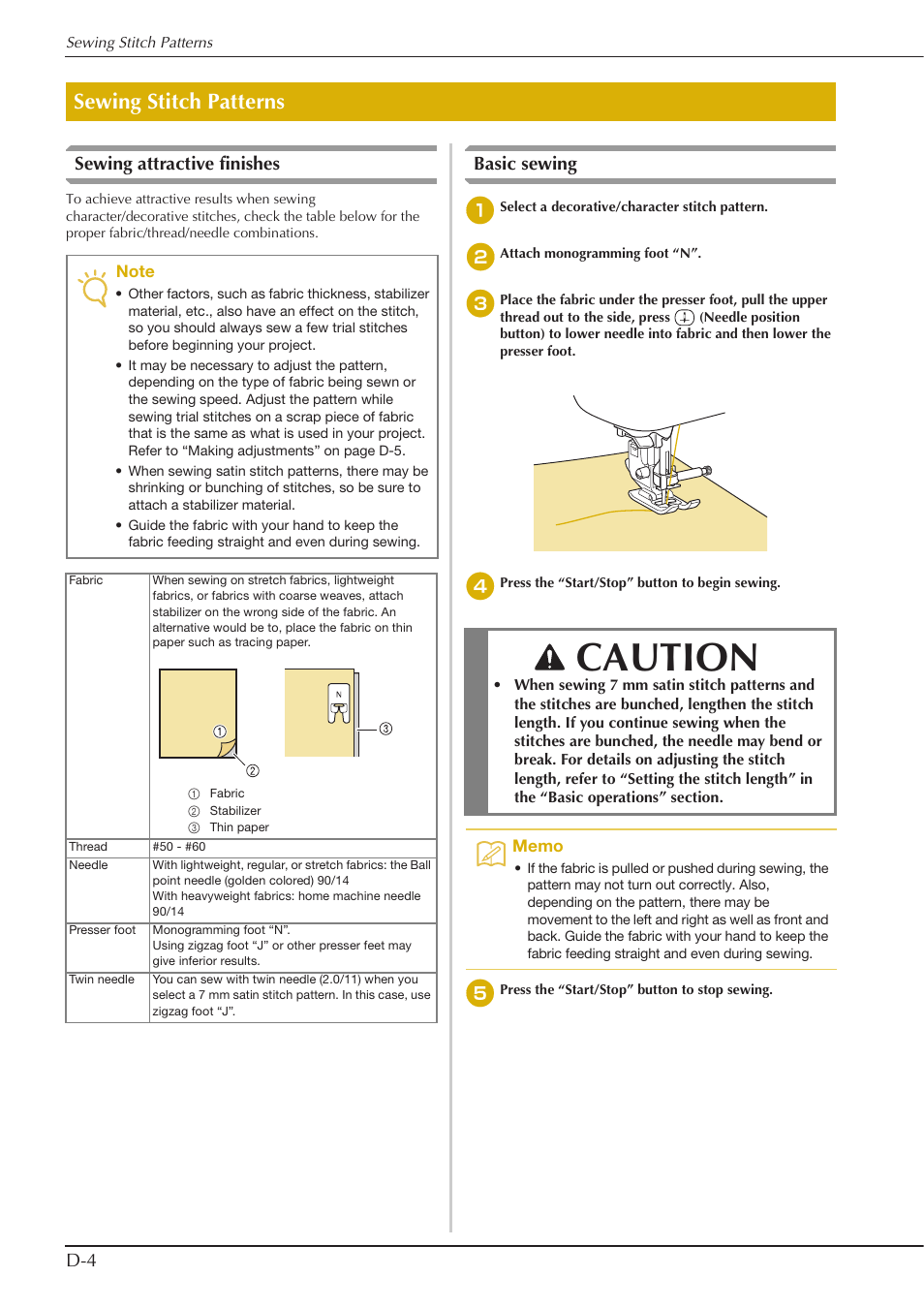 Caution, Sewing stitch patterns, D-4 sewing attractive finishes | Basic sewing | Baby Lock Aventura (BLMAV) Instruction and Reference Guide User Manual | Page 126 / 204