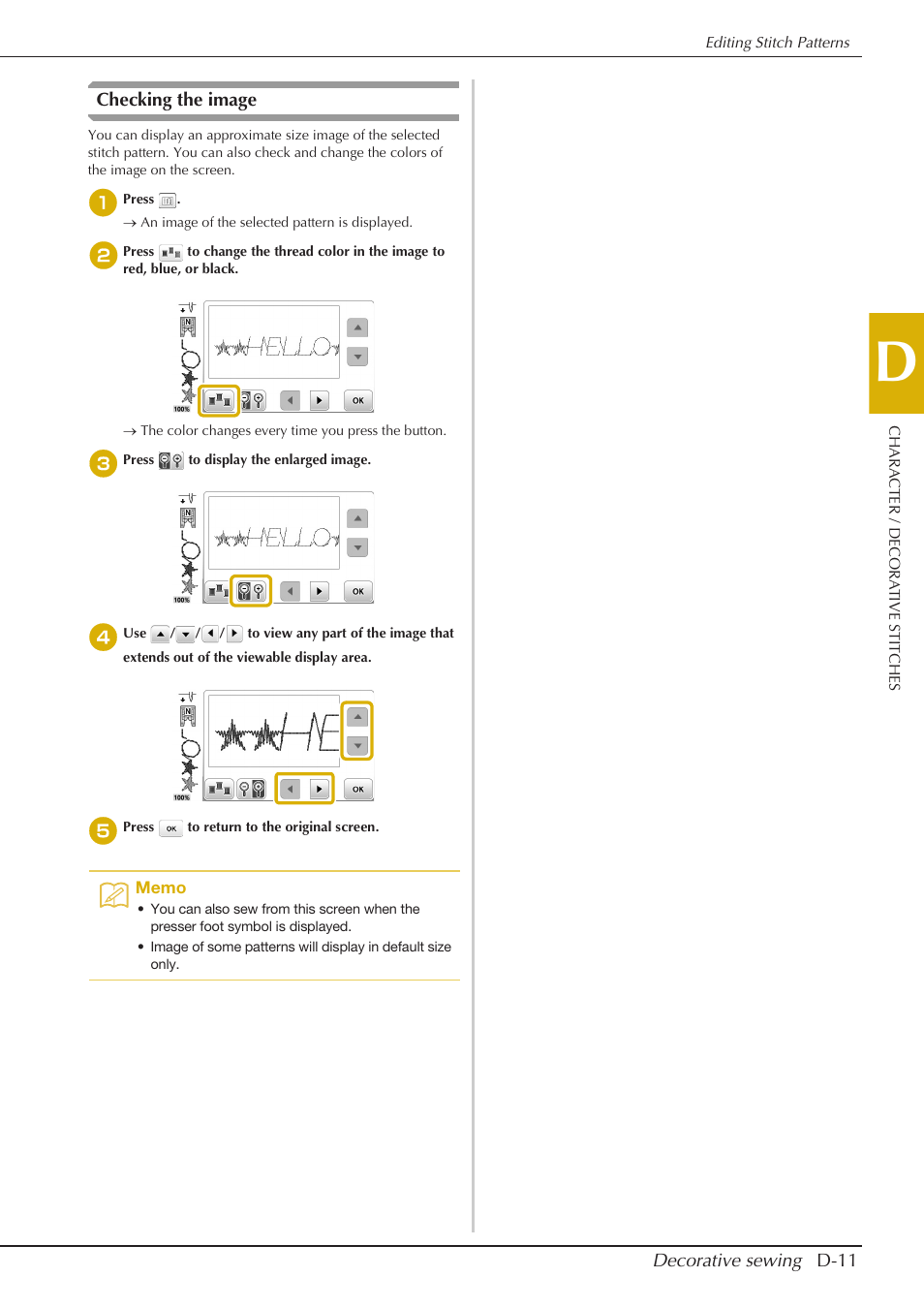 Decorative sewing d-11, Checking the image | Baby Lock Aventura (BLMAV) Instruction and Reference Guide User Manual | Page 133 / 204