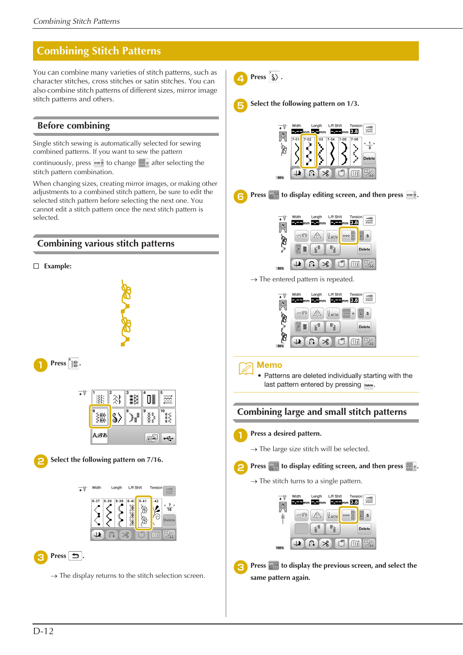 Combining stitch patterns, D-12, Before combining | Combining various stitch patterns, Combining large and small stitch patterns | Baby Lock Aventura (BLMAV) Instruction and Reference Guide User Manual | Page 134 / 204