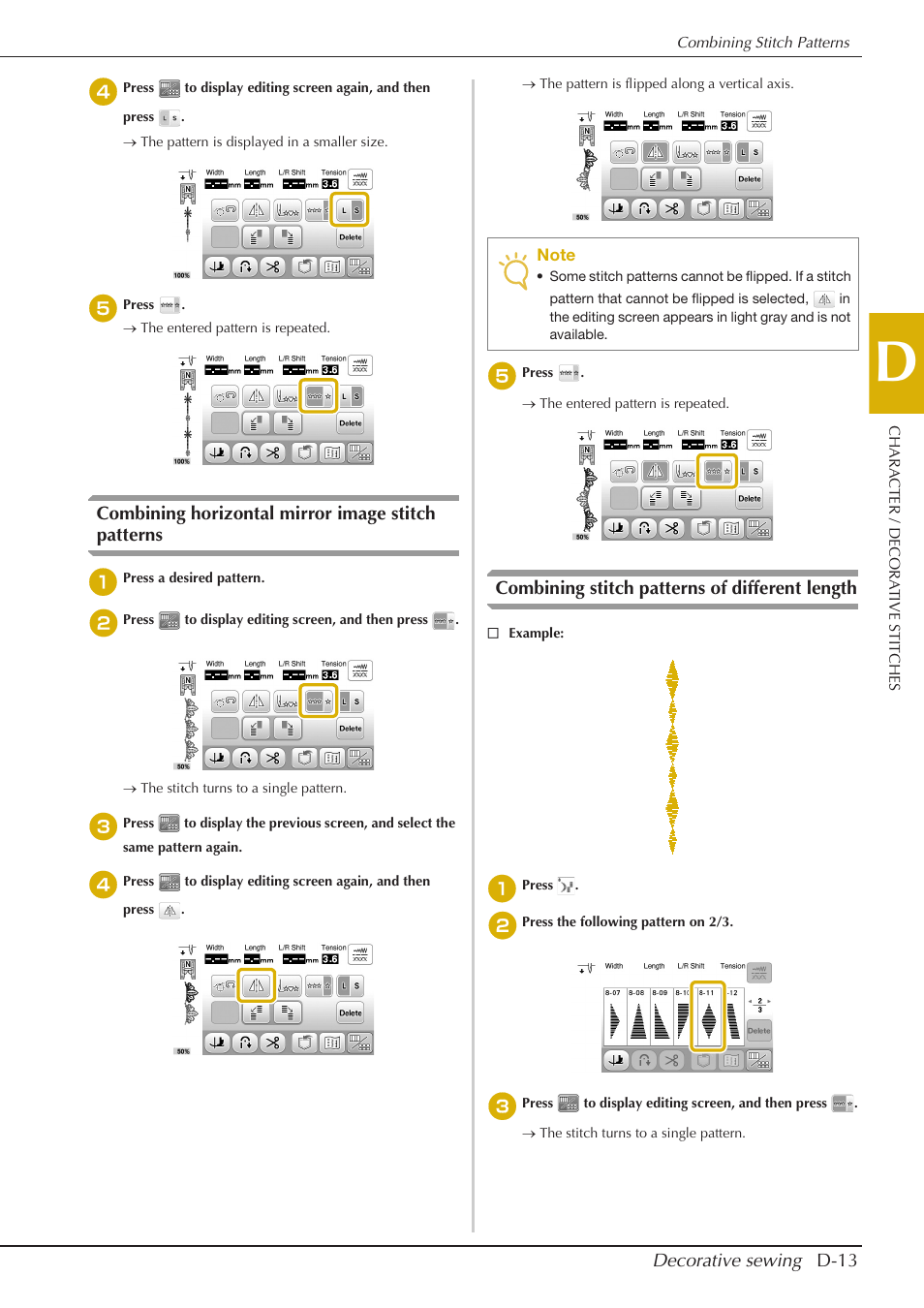 Decorative sewing d-13, Combining horizontal mirror image stitch patterns, Combining stitch patterns of different length | Baby Lock Aventura (BLMAV) Instruction and Reference Guide User Manual | Page 135 / 204
