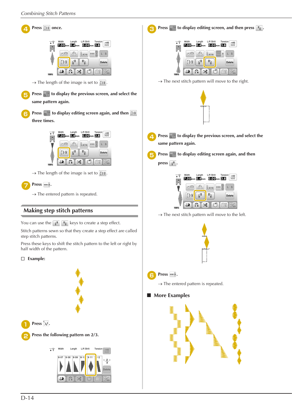 D-14, Making step stitch patterns | Baby Lock Aventura (BLMAV) Instruction and Reference Guide User Manual | Page 136 / 204