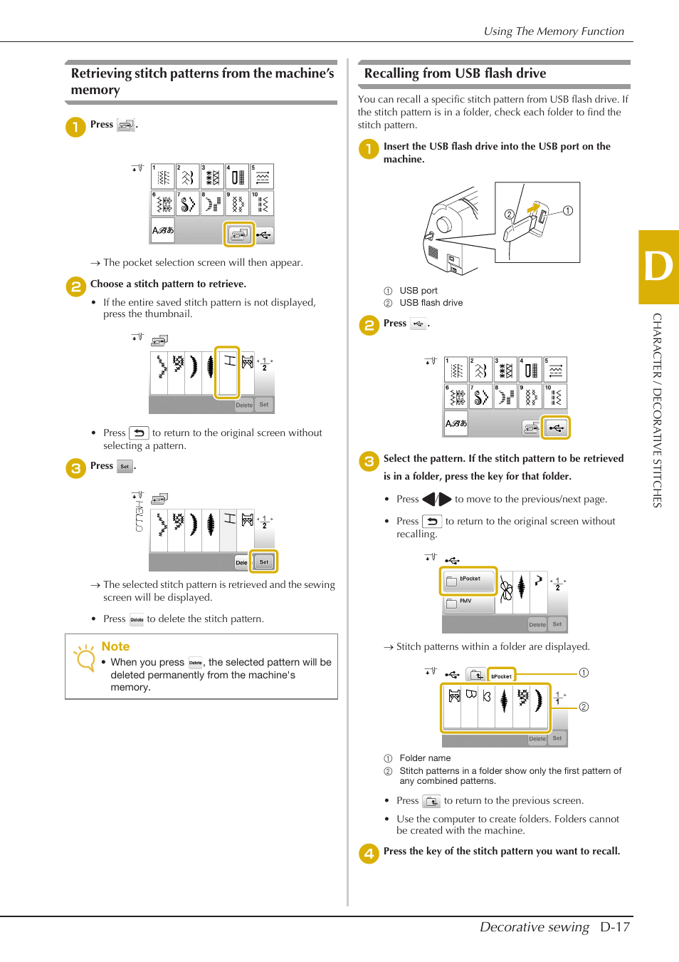 Decorative sewing d-17, Recalling from usb flash drive | Baby Lock Aventura (BLMAV) Instruction and Reference Guide User Manual | Page 139 / 204
