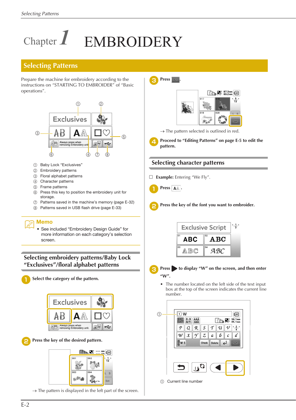 Embroidery, Chapter, Selecting patterns | Baby Lock Aventura (BLMAV) Instruction and Reference Guide User Manual | Page 142 / 204