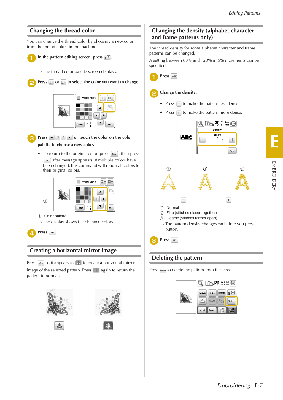 Embroidering e-7, Changing the thread color, Creating a horizontal mirror image | Deleting the pattern | Baby Lock Aventura (BLMAV) Instruction and Reference Guide User Manual | Page 147 / 204